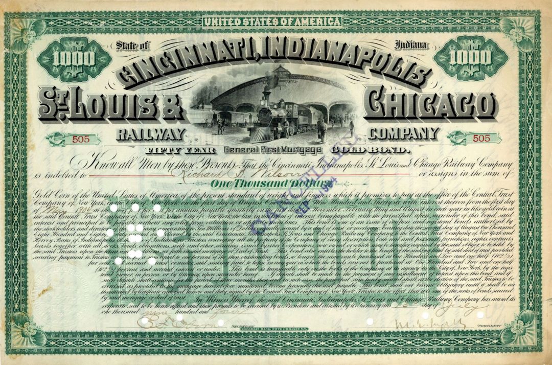 Cincinnati, Indianapolis, St. Louis and Chicago Railway Co. - $1,000 Railroad Bond