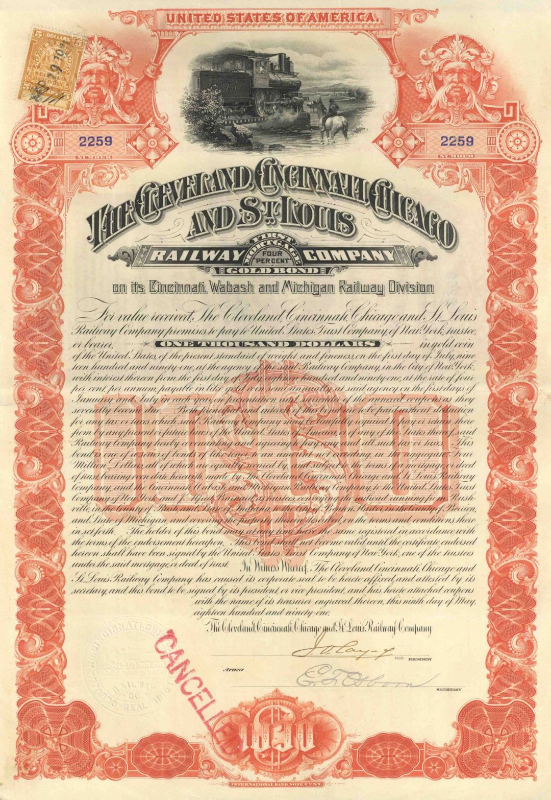 Cleveland, Cincinnati, Chicago and St Louis Railway - Gorgeous $1,000 Railroad Bond