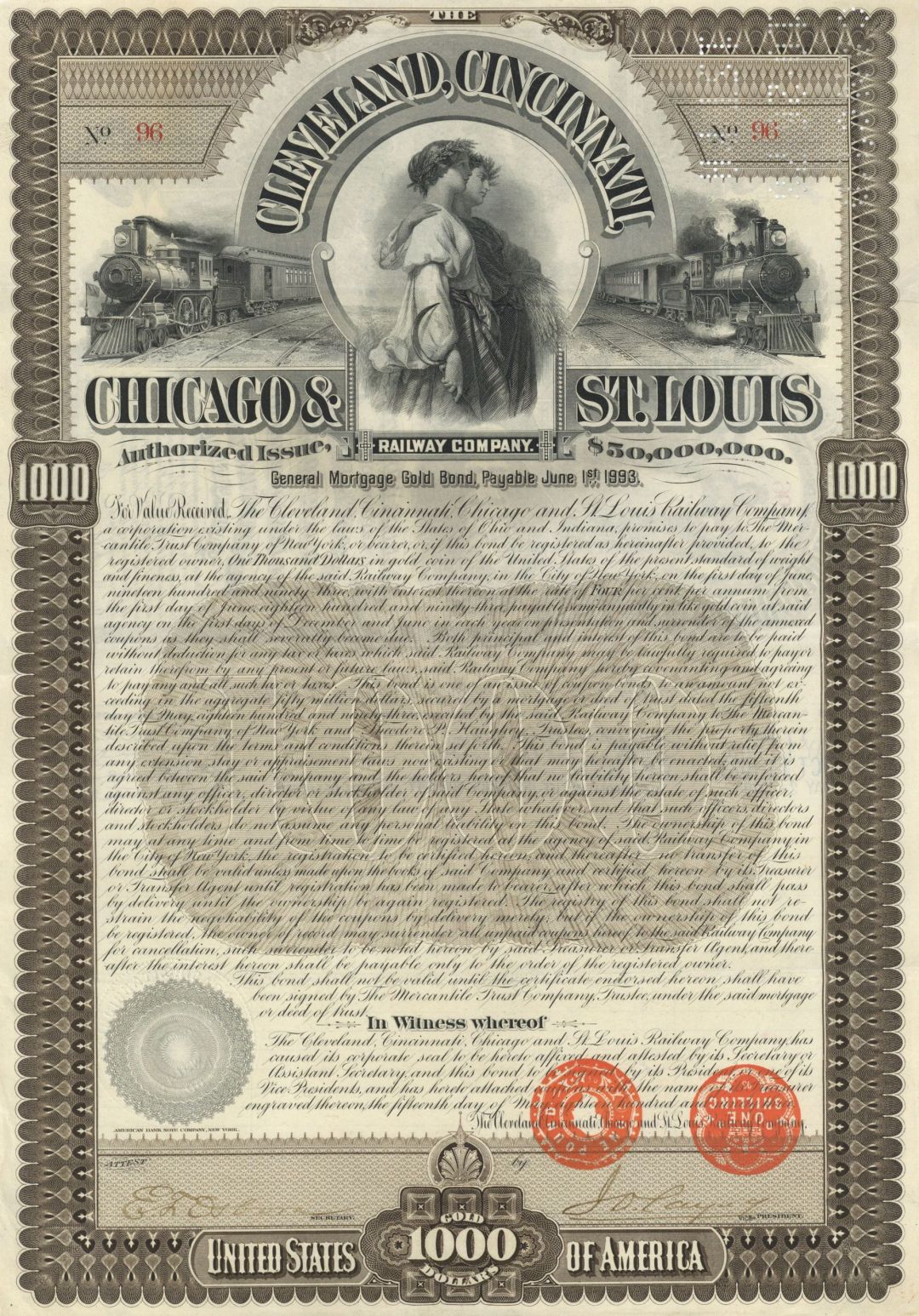 Cleveland, Cincinnati, Chicago and St. Louis Railway Co. - dated 1893 $1,000 Issued Railroad Bond - Also Known as the Big Four Railroad