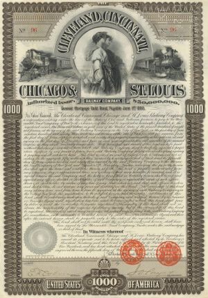 Cleveland, Cincinnati, Chicago and St. Louis Railway Co. - 1893 dated $1,000 Issued Railroad Gold Bond - Also Known as the Big Four Railroad