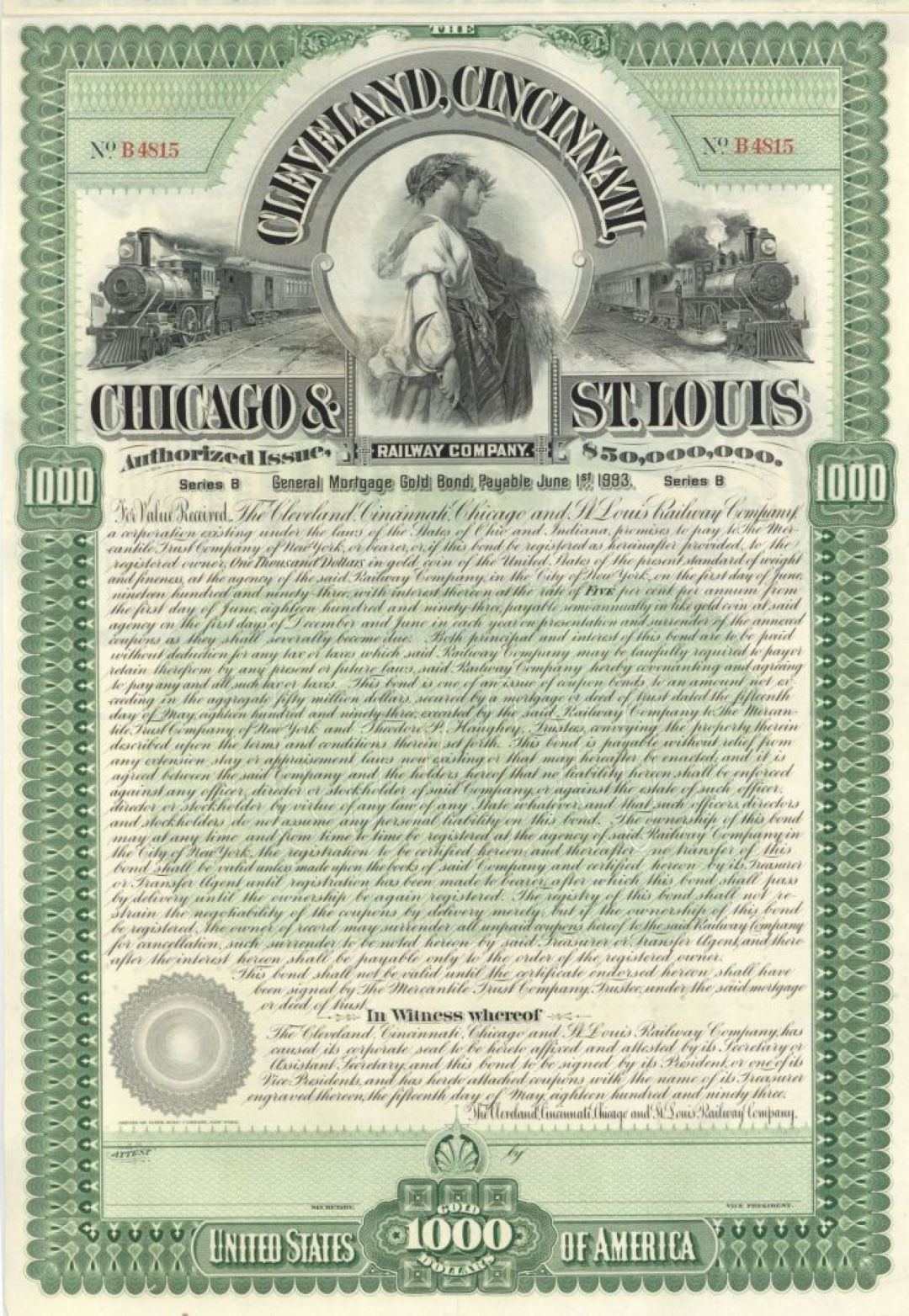 Cleveland, Cincinnati, Chicago & St. Louis Railway Co. - $1,000 Unissued Railroad Bond - Also Known as the Big Four Railroad