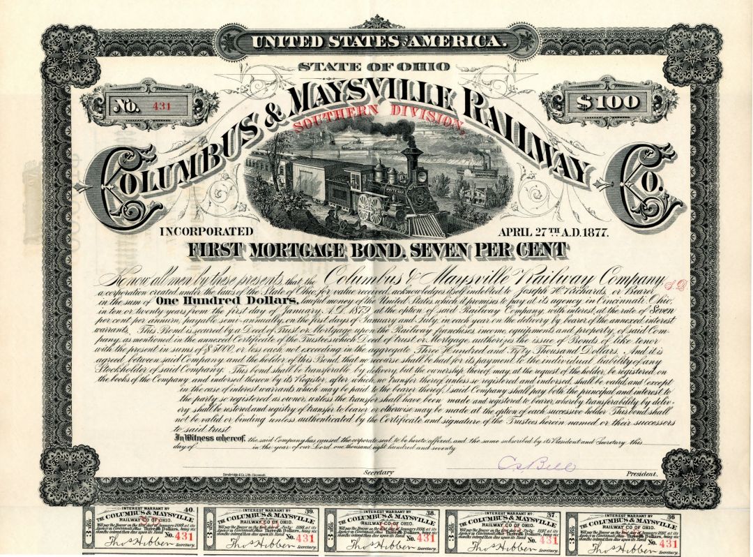 Columbus and Maysville Railway Co. - Southern Division - Unissued 1877 $100 7% Railroad Bond