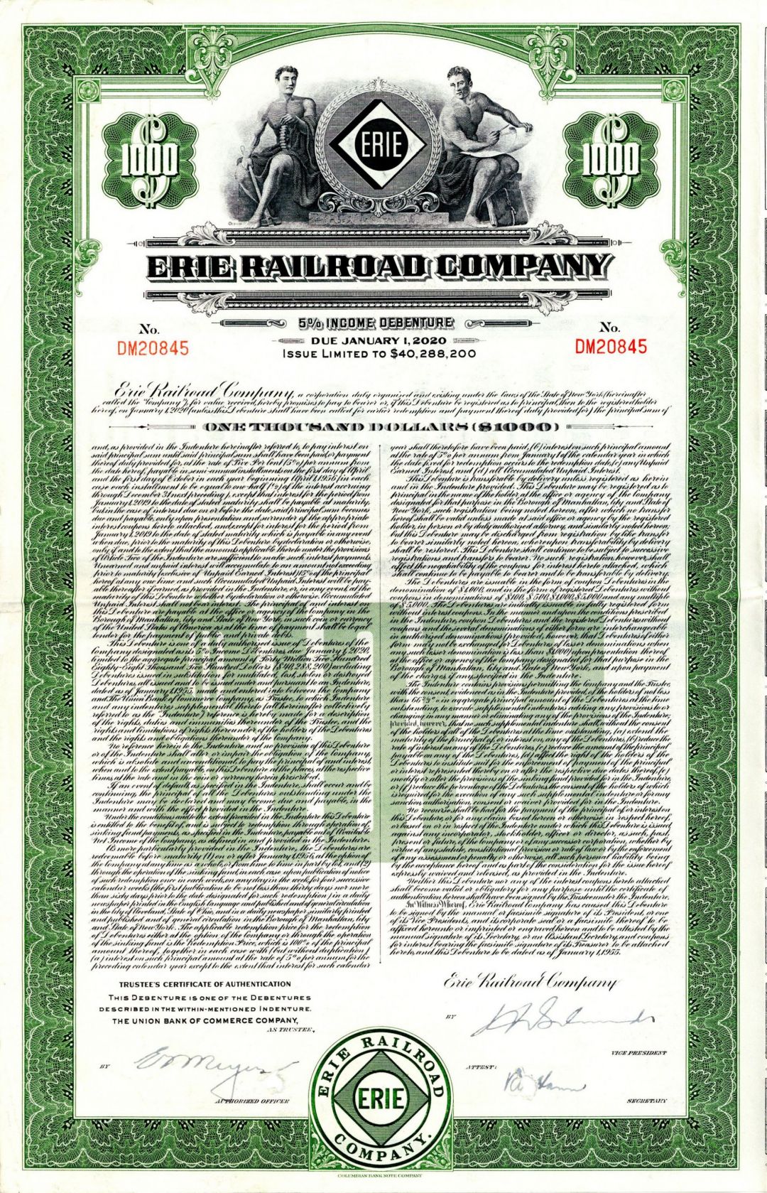 Erie Railroad Co. - 1955 dated $1,000 Railway Bond - Extremely Historic Railroad - The Great Battle Between Cornelius Vanderbilt VS Daniel Drew, James Fisk & Jay Gould