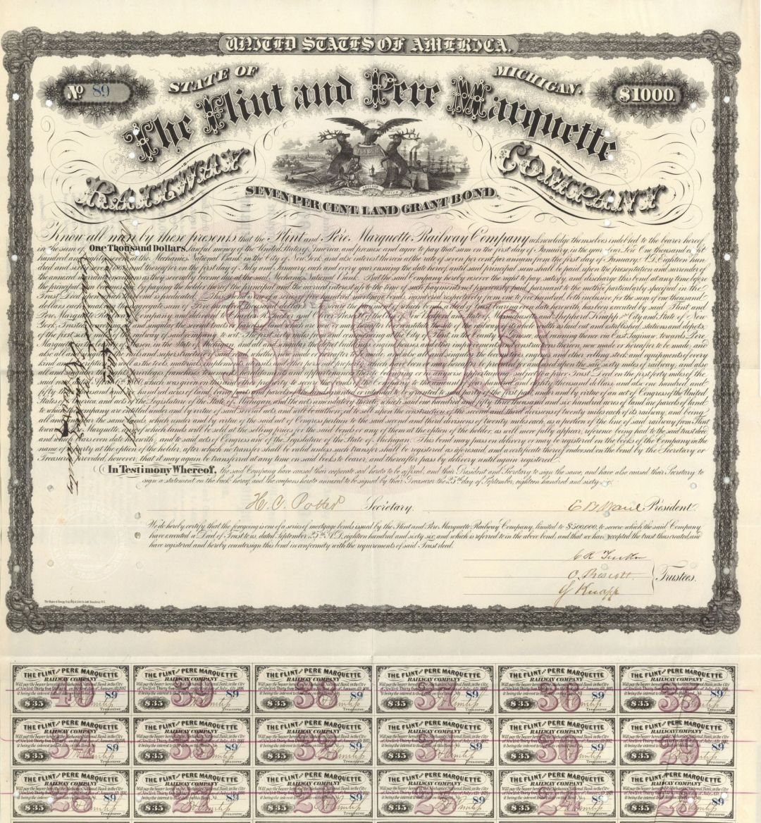 Flint and Pere Marquette Railway Co. - 1866 dated $1,000 Bond