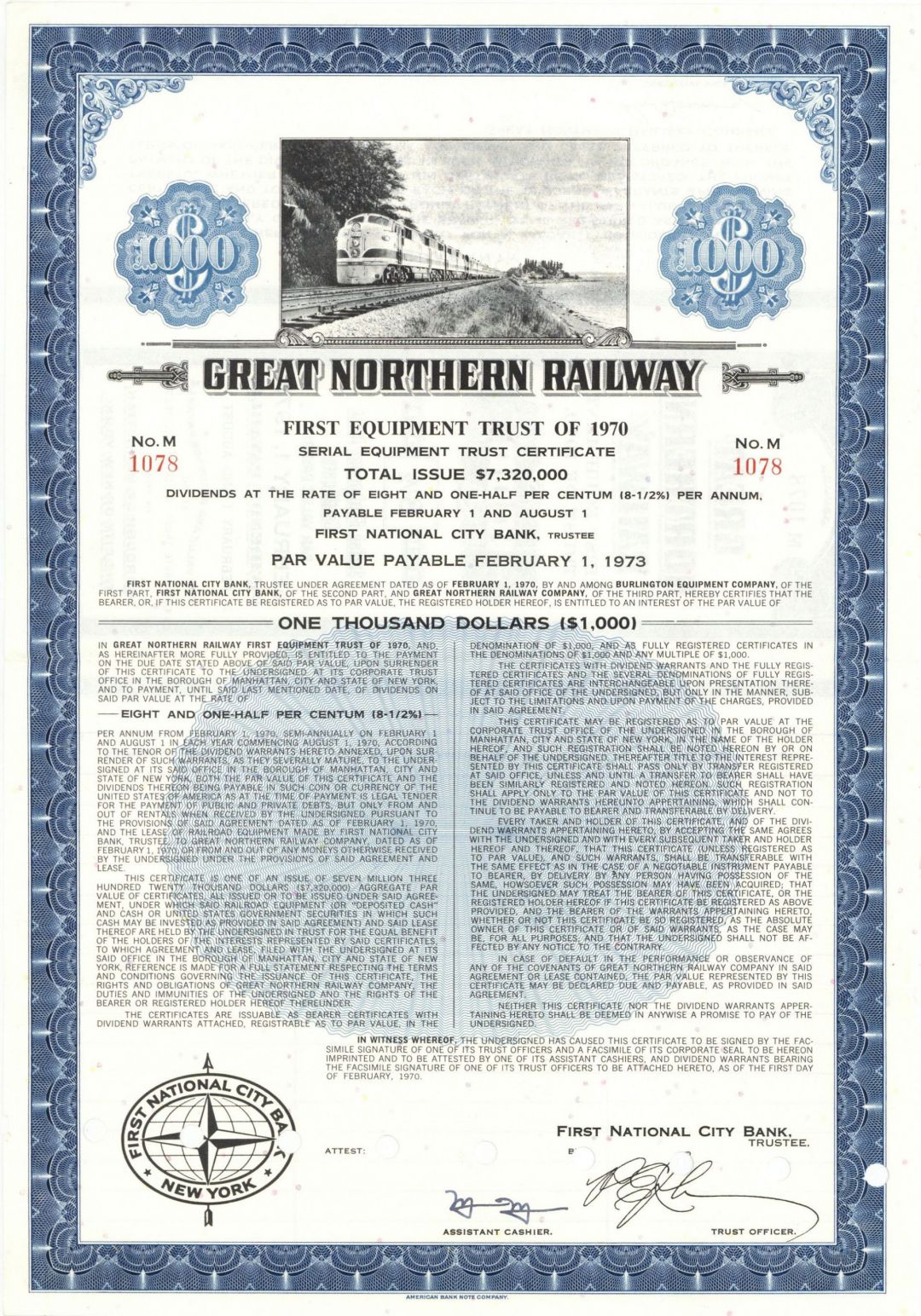 Great Northern Railway - Equipment Trust of 1958 - $1,000 Railroad Bond