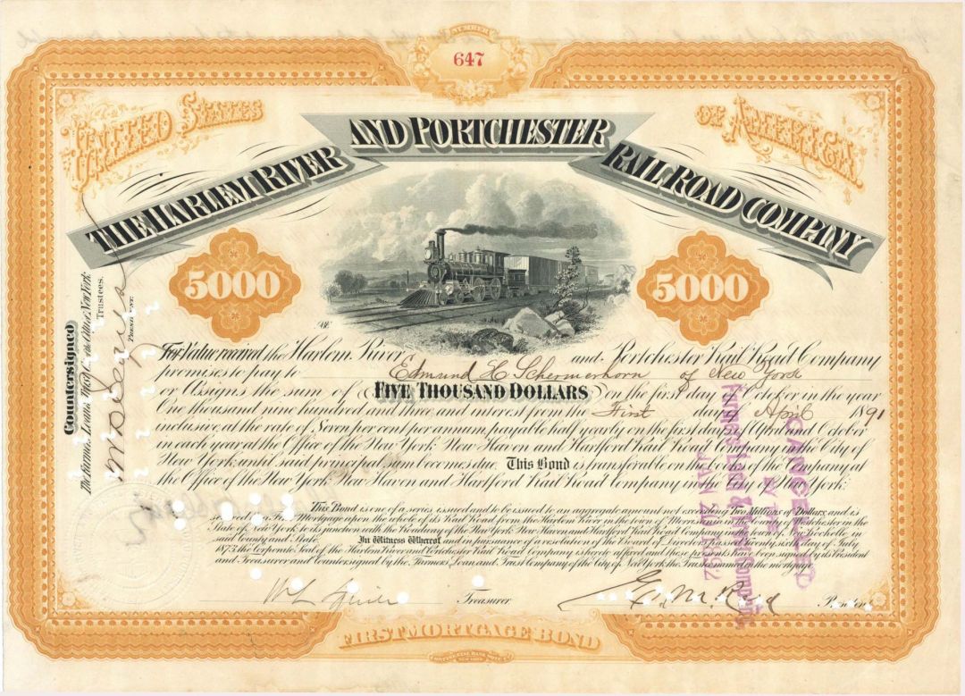 Harlem River and Portchester Railroad Co. - $5,000 1890's dated Bond