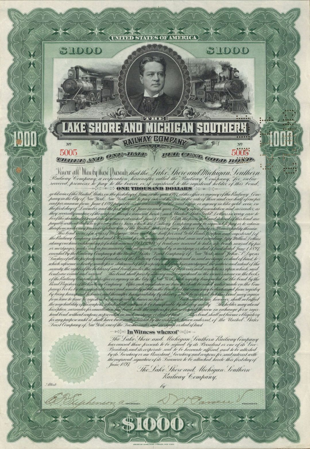 Lake Shore and Michigan Southern Railway - 1897 dated $1,000 Railroad Gold Bond