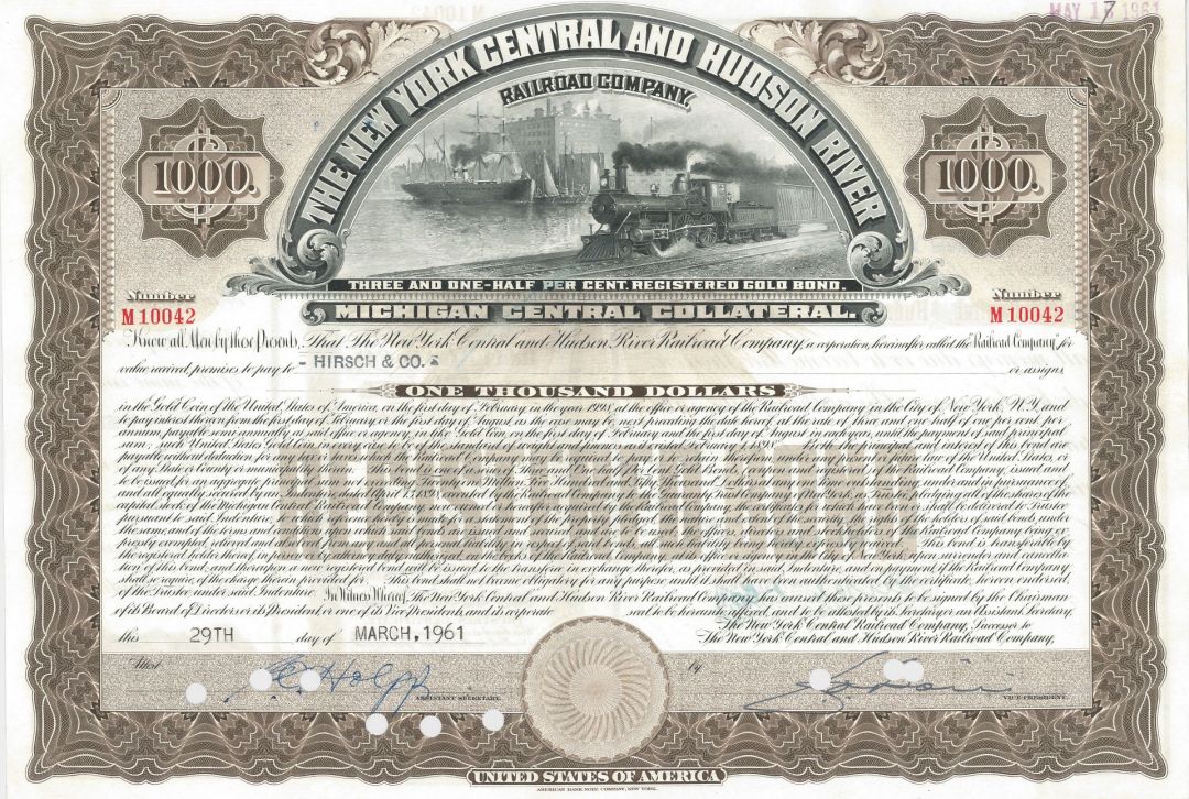 New York Central and Hudson River Railroad Co. - 1922-1935 dated Railway Bond