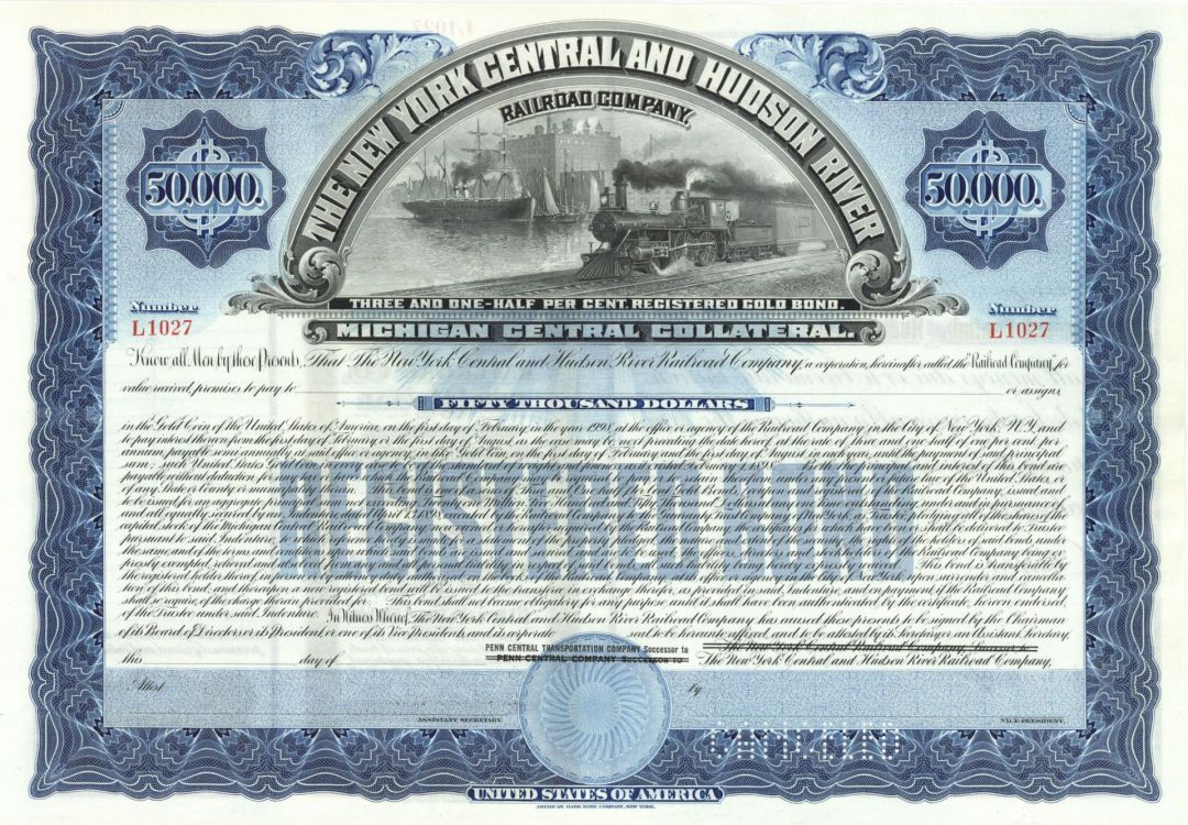 New York Central and Hudson River Railroad Co. - 1930's circa Unissued $50,000 Bond