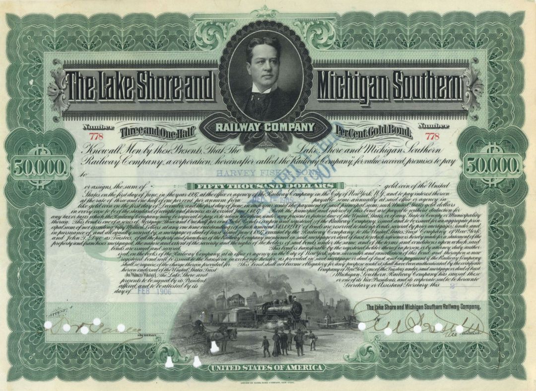 Lake Shore and Michigan Southern Railway - Gorgeous - 1900-1920's dated $50,000 Railroad Bond
