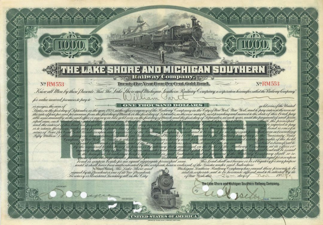 Lake Shore and Michigan Southern Railway - Various Denominations Bond