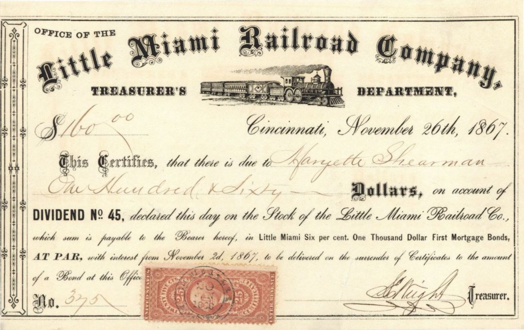 Little Miami Railroad Co. - 1867 dated Various Denominations Bond