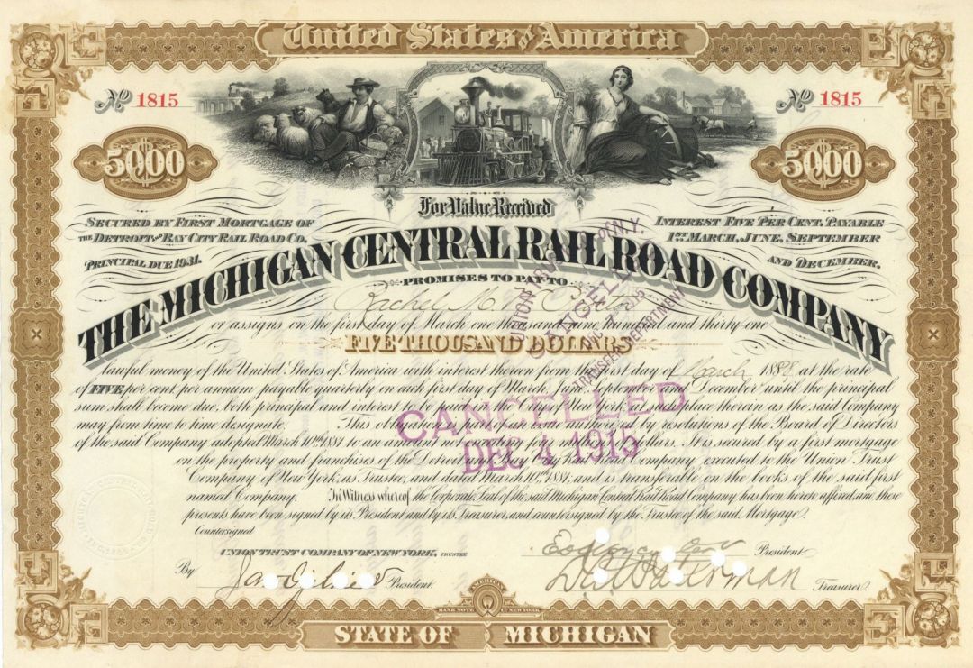 Michigan Central Railroad Co. - $5,000 or $1,000 Bond