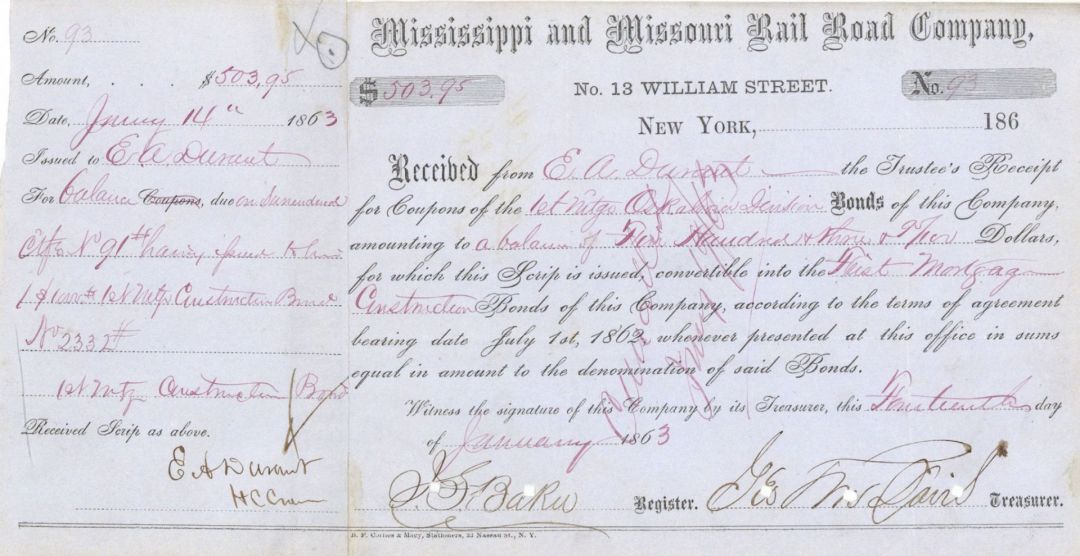 Mississippi and Missouri Railroad Co. - Conversion to Bonds Receipt