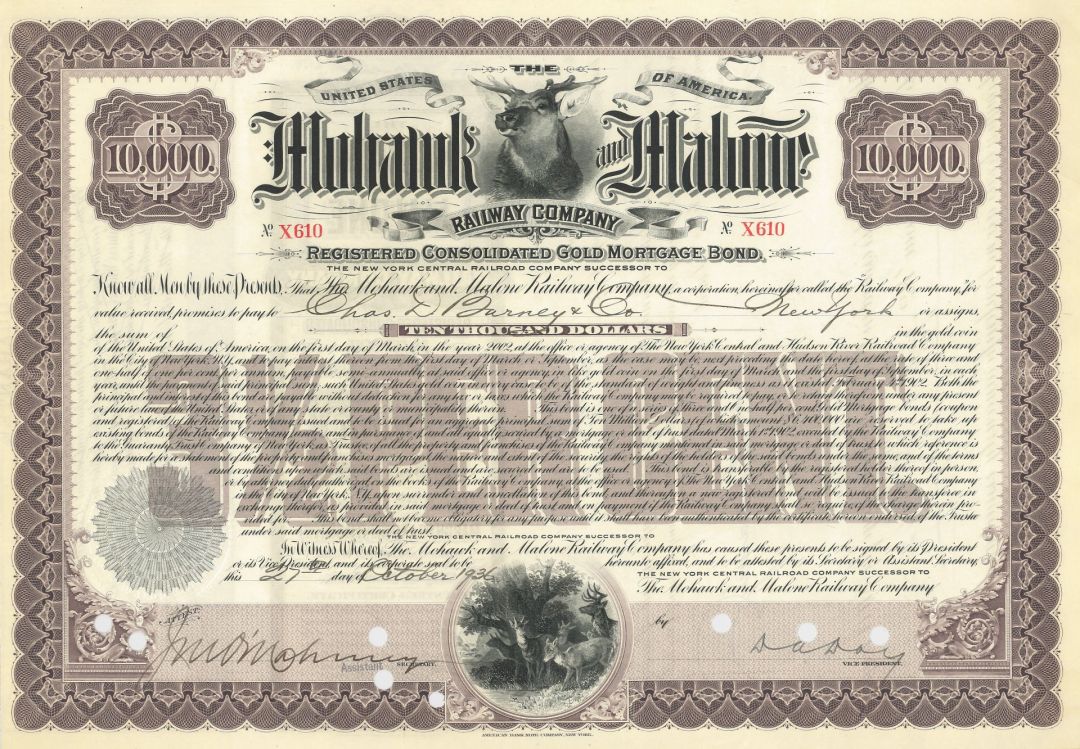 Mohawk and Malone Railway Co. - 1910's-30's dated $10,000 Railroad Gold Bond