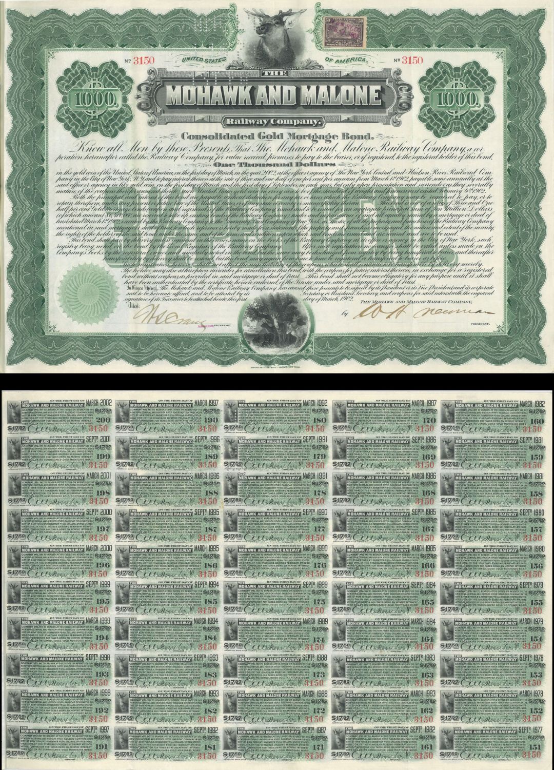 Mohawk and Malone Railway Co. - $1,000 Bond