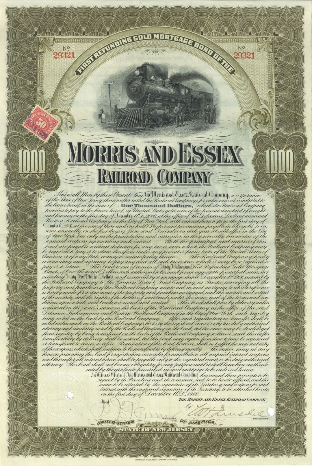 Morris and Essex Railroad Co. - 1900 dated $1,000 Railway Gold Mortgage Bond