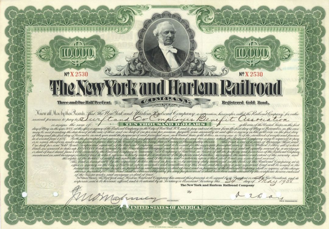 New York and Harlem Railroad Co. - $10,000 Railway Bond