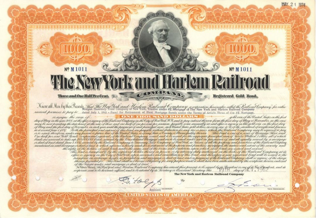 New York and Harlem Railroad Co. - $1,000 or $10,000 Railway Bond