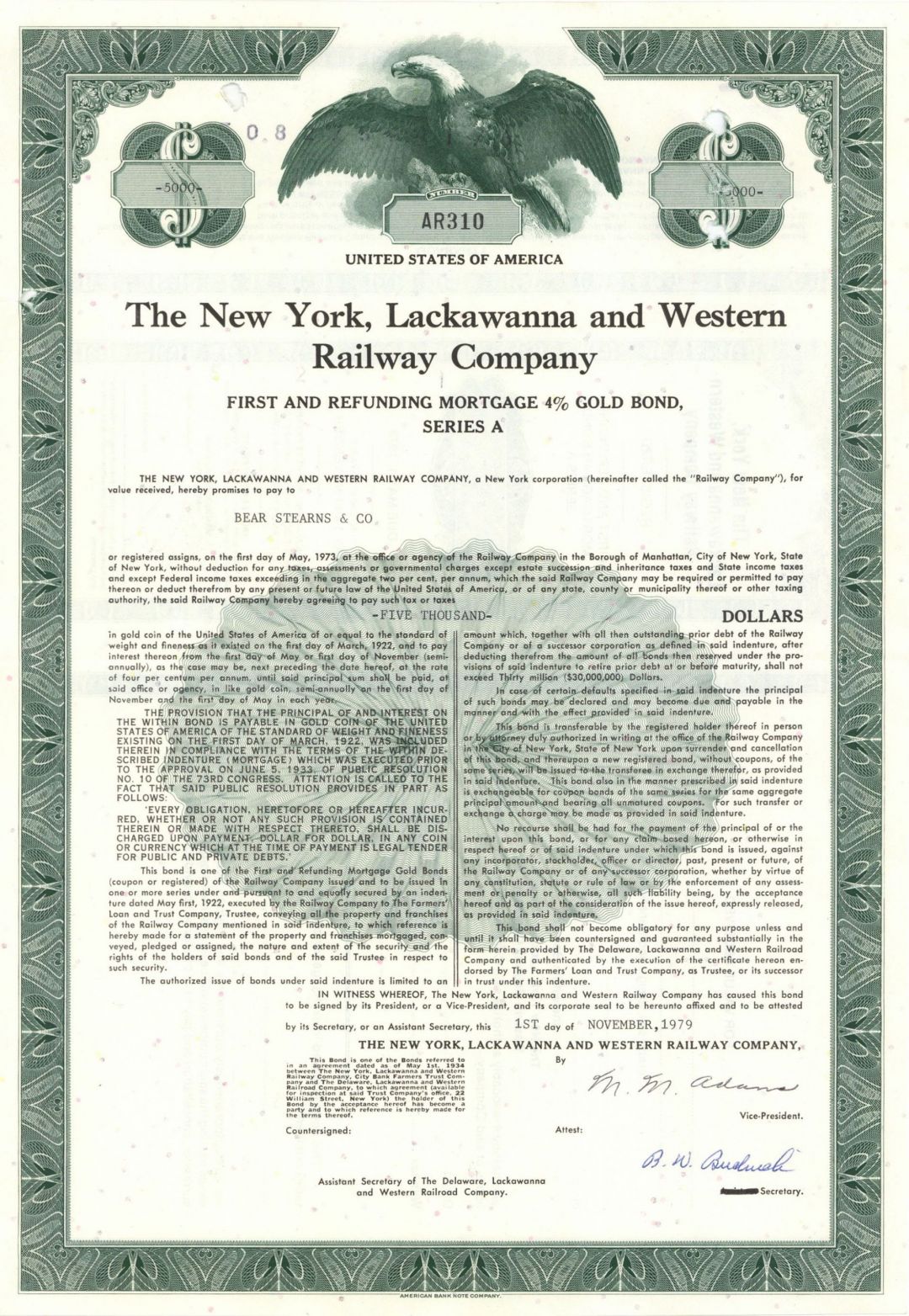 New York, Lackawanna & Western Railway - 1970's-80's dated Railroad Bond - Various Denominations Available