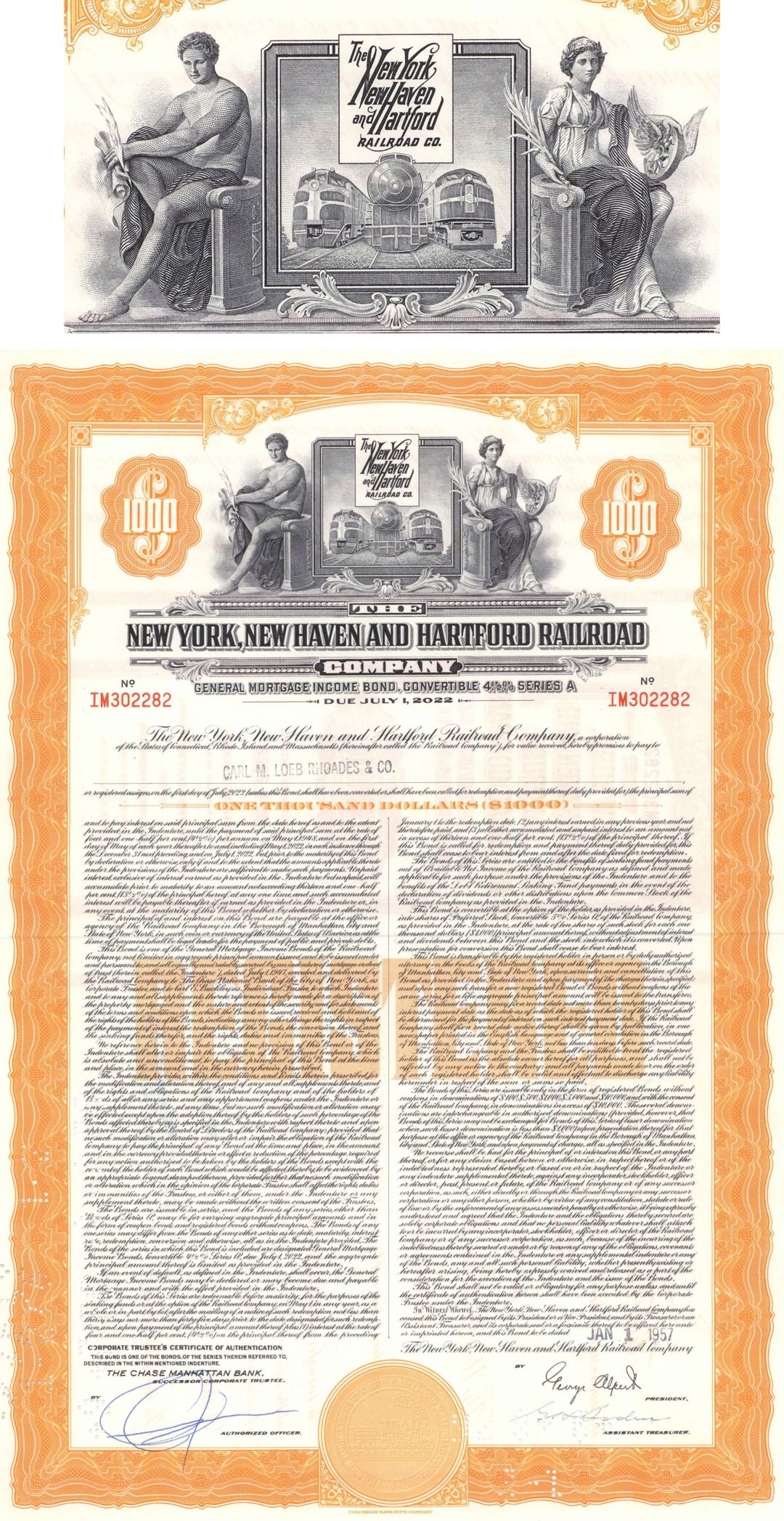 New York, New Haven and Hartford Railroad Co. - 1940's-1950's dated $1,000 Railway 4.5% Mortgage Bond