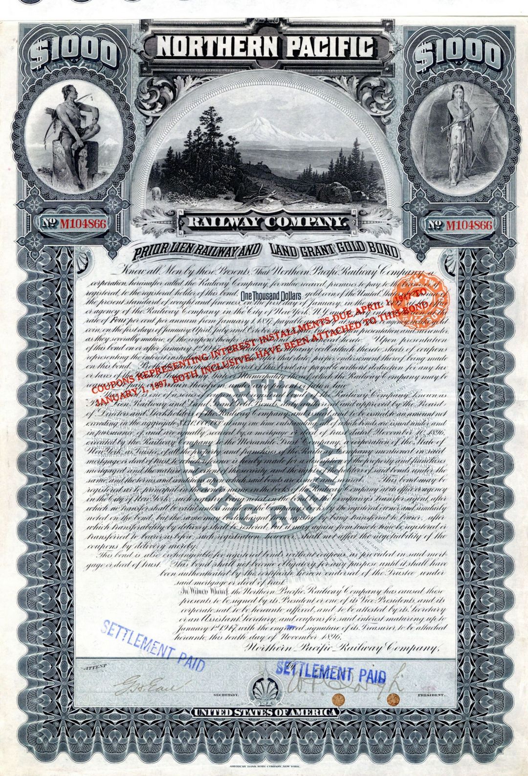 Northern Pacific Railway Co. - $1,000 Railroad Gold Bond