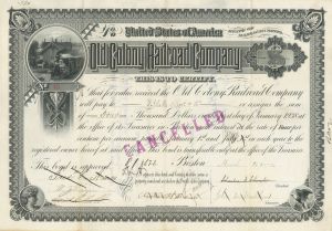 Old Colony Railroad - 1880's-90's dated Massachusetts Railway Bond