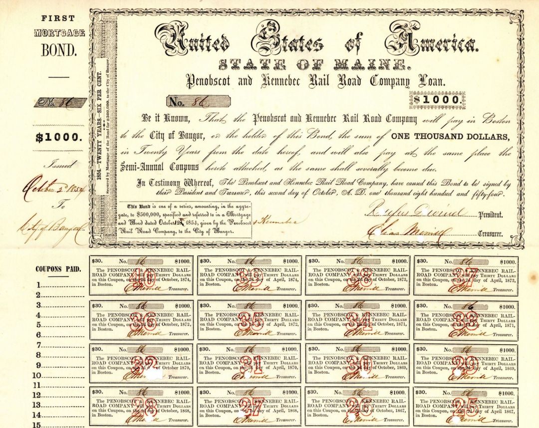 Penobscot and Kennebec Railroad Co. State of Maine - $1,000 Bond