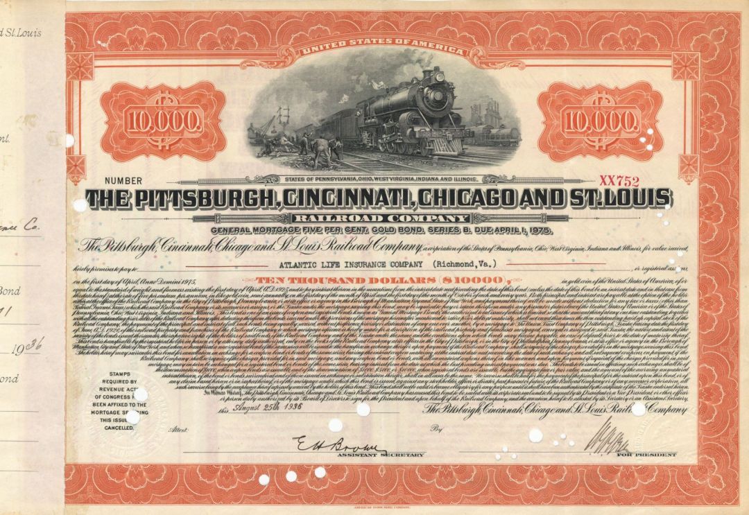 Pittsburgh, Cincinnati, Chicago and St. Louis Railroad Co. - 1936 or 1939 dated $10,000 Bond