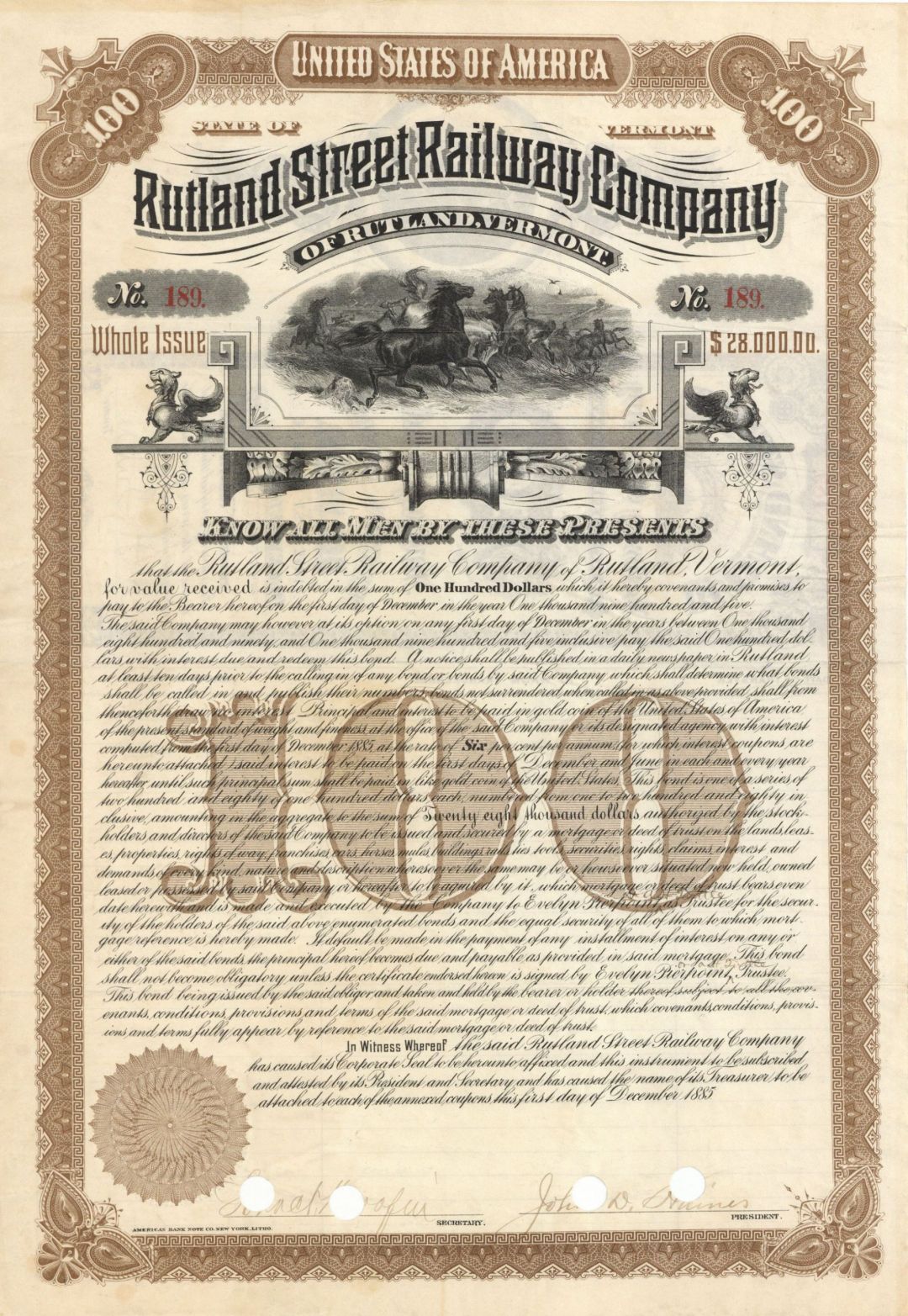 Rutland Street Railway Co. - $100 Bond