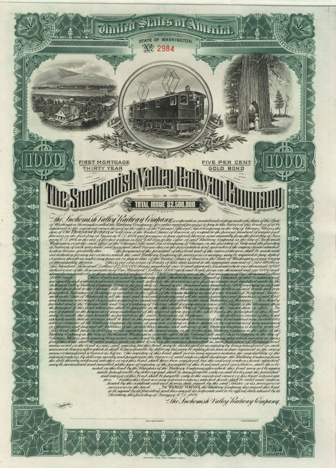 Snohomish Valley Railway Co. - 1906 dated Gorgeous Unissued $1,000 5% Railroad Gold Bond