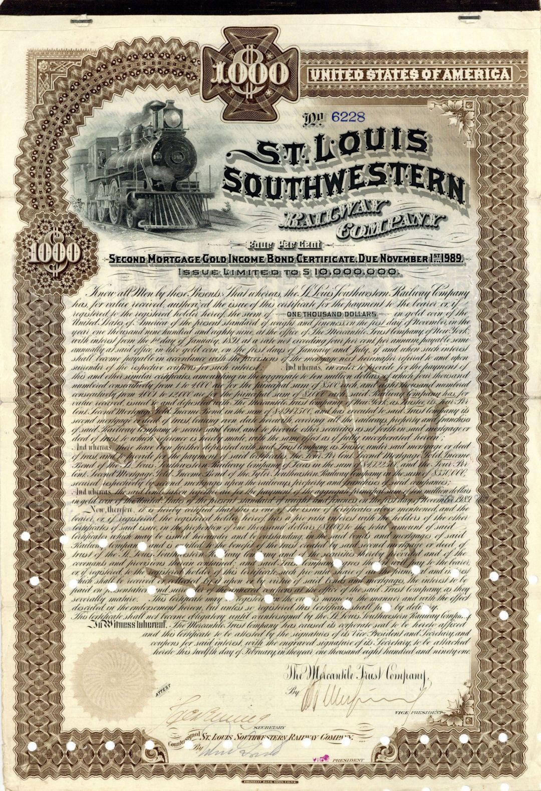 St. Louis Southwestern Railway Co. - 1891 $1,000 Bond