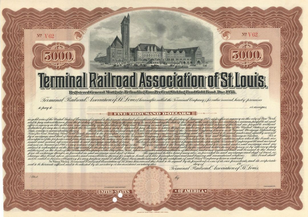 Terminal Railroad Association of St. Louis - circa 1910's Unissued $5,000 Brown Railway Gold Bond