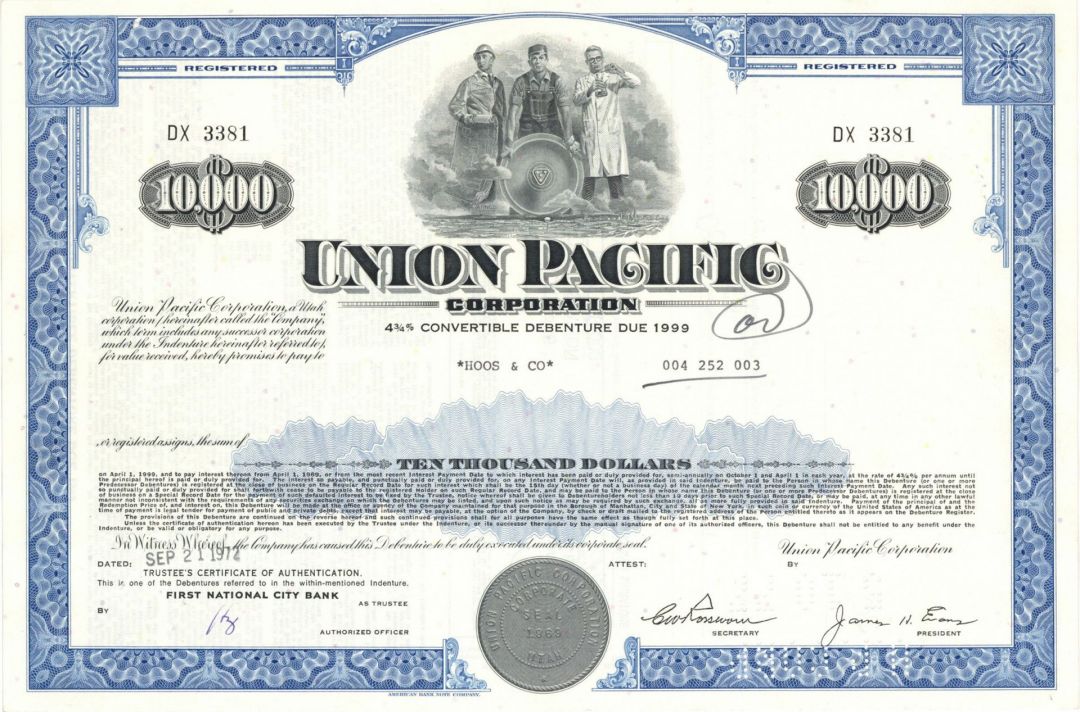 Union Pacific Corporation - 1960's-70's dated Railroad Bond - Various Denominations Available