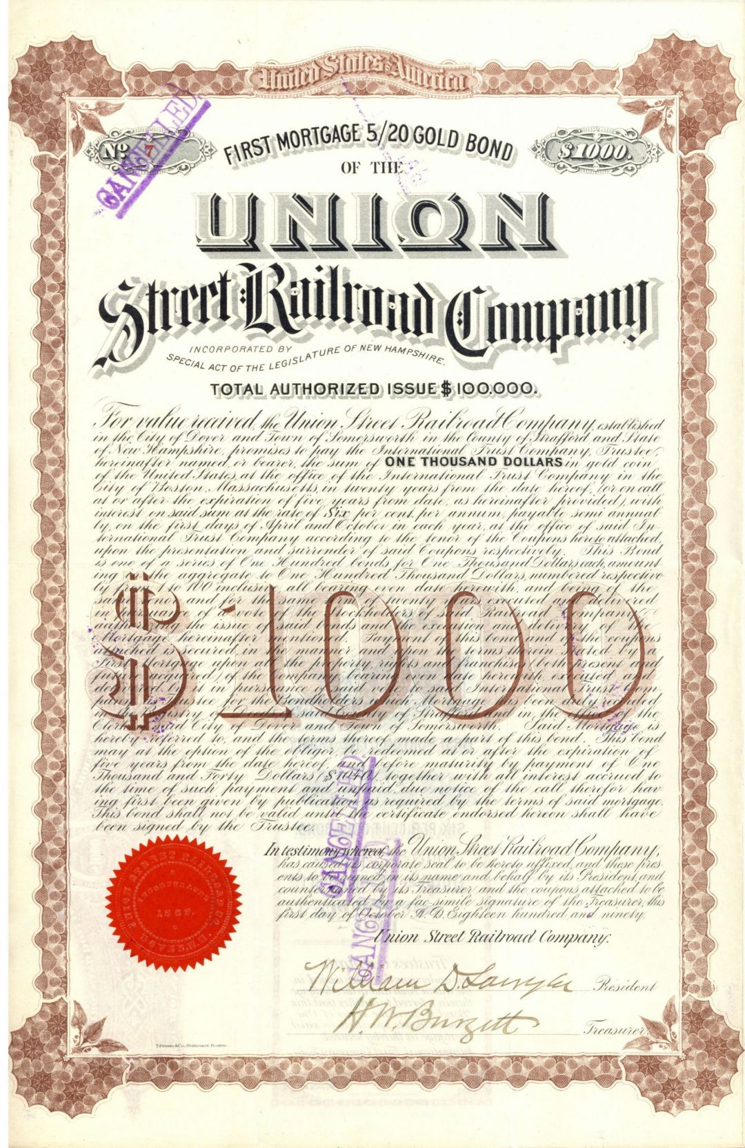 Union Street Railroad Co. - 1890 $1,000 Bond