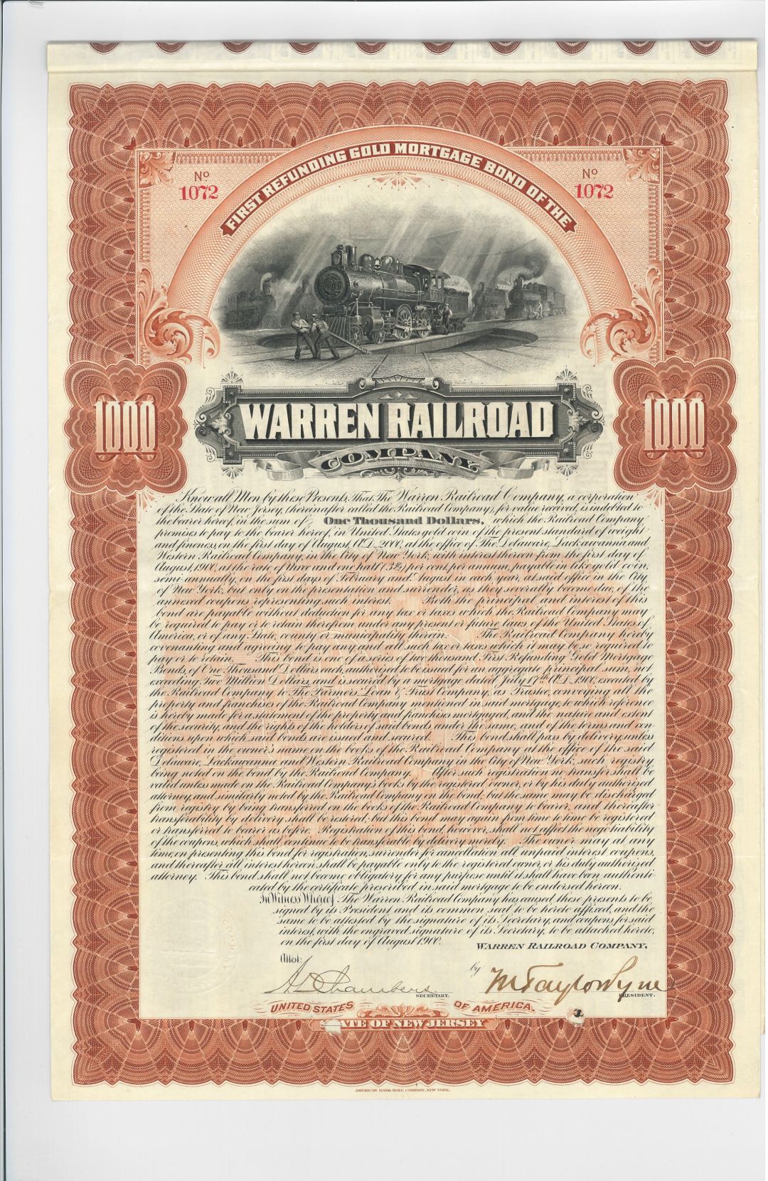 Warren Railroad Co. - dated 1900 $1,000 New Jersey Railway Bond