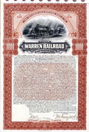 Warren Railroad Co. - 1900 dated $1,000 New Jersey Railway Bond