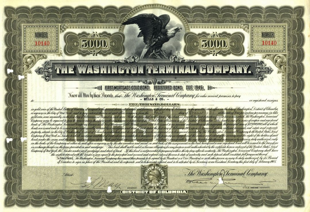 Washington Terminal Co. - $5,000 Railroad Gold Bond - Great Railway History!