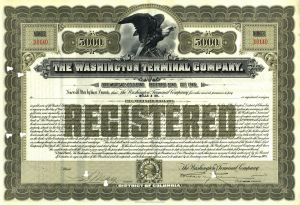 Washington Terminal Co. - dated 1905 $5,000 Railroad Gold Bond - Great Railway History!