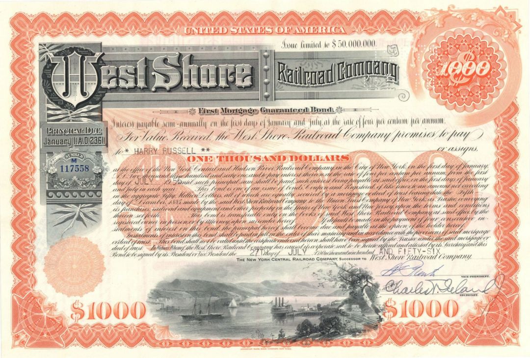 West Shore Railroad Co. - 1920's-60's dated Railway Bond - Various Denominations Available