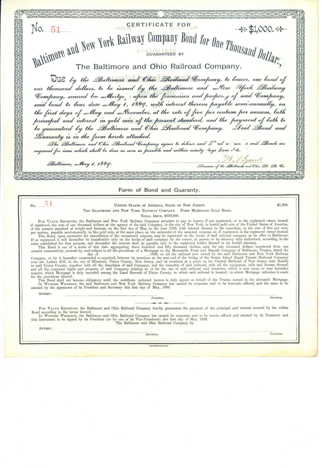 Baltimore and New York Railway Co. - $1,000 Bond affliated with the Baltimore and Ohio Railroad