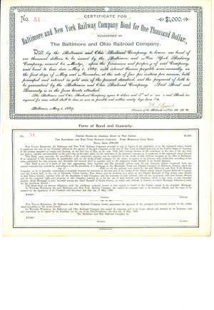 Baltimore and New York Railway Co. - $1,000 Bond affliated with the Baltimore and Ohio Railroad