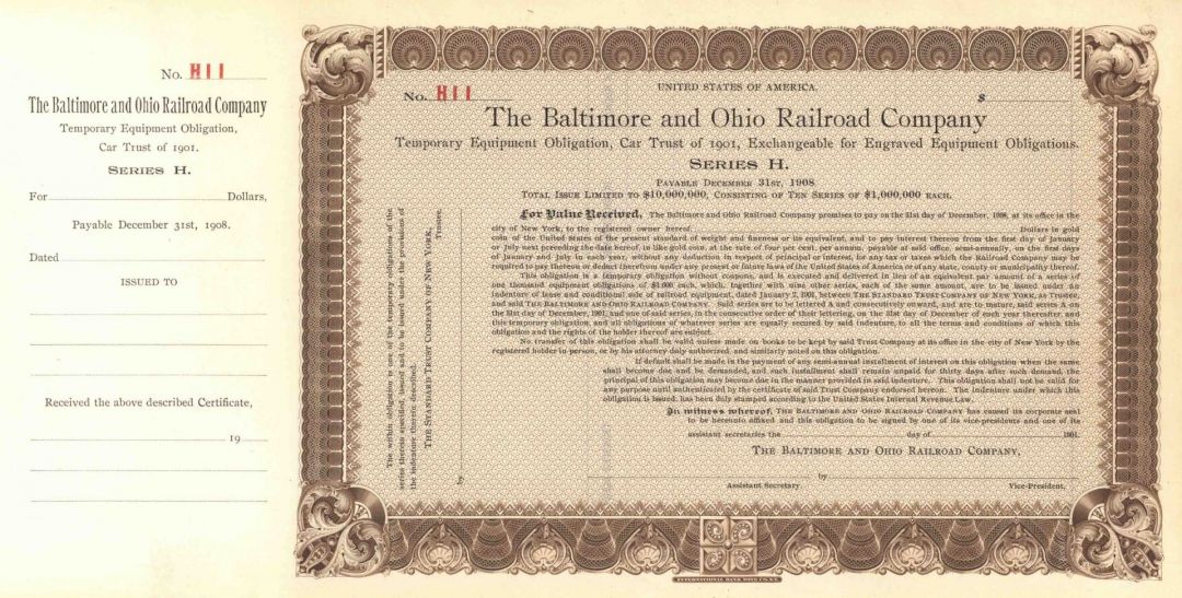 Baltimore and Ohio Railroad - 1901 Very Rare Unissued Railway Bond Type - Following its Emergence from Bankruptcy