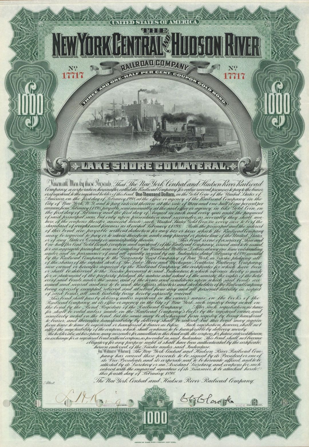 New York Central and Hudson River Railroad Co. - $1,000 Railway Gold Bond