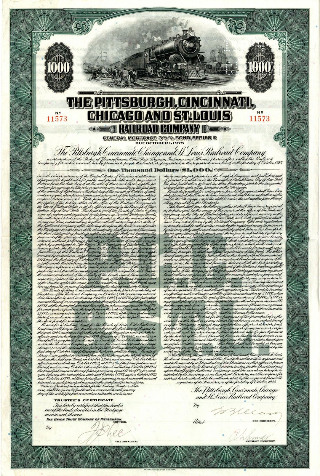 Pittsburgh, Cincinnati, Chicago and St. Louis Railroad - 1944 dated $1,000 Railway Mortgage Bond
