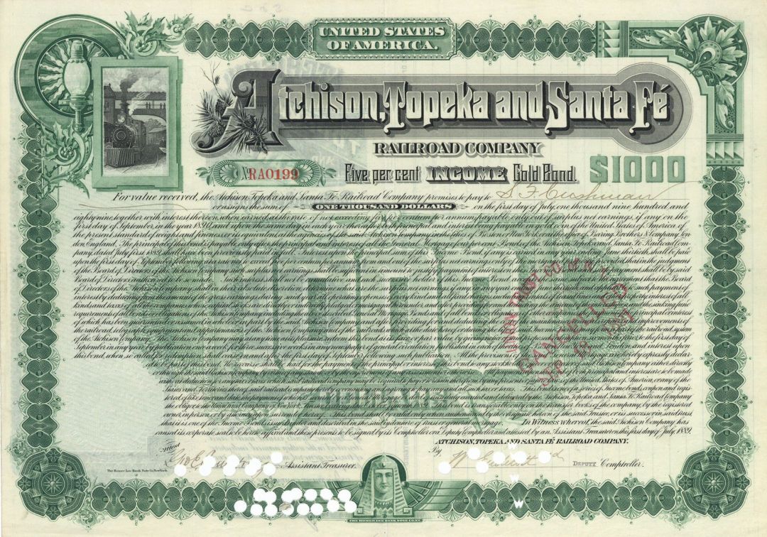 Atchison, Topeka and Santa Fe Railroad Co. - 1889 dated $1,000 Kansas Railway Bond