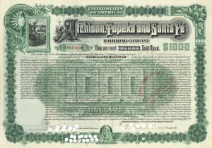 Atchison, Topeka and Santa Fe Railroad Co. - 1889 dated $1,000 Railway Bond