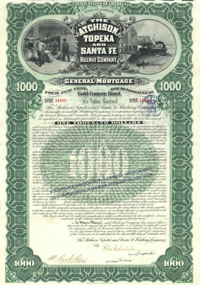 Atchison, Topeka and Santa Fe Railroad Co. - $1,000 Bond
