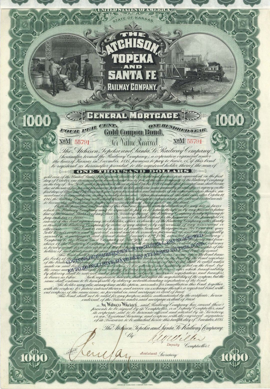 Atchison, Topeka and Santa Fe Railroad Co. - 1895 dated $1,000 Railway Gold Bond - Rare Green Type