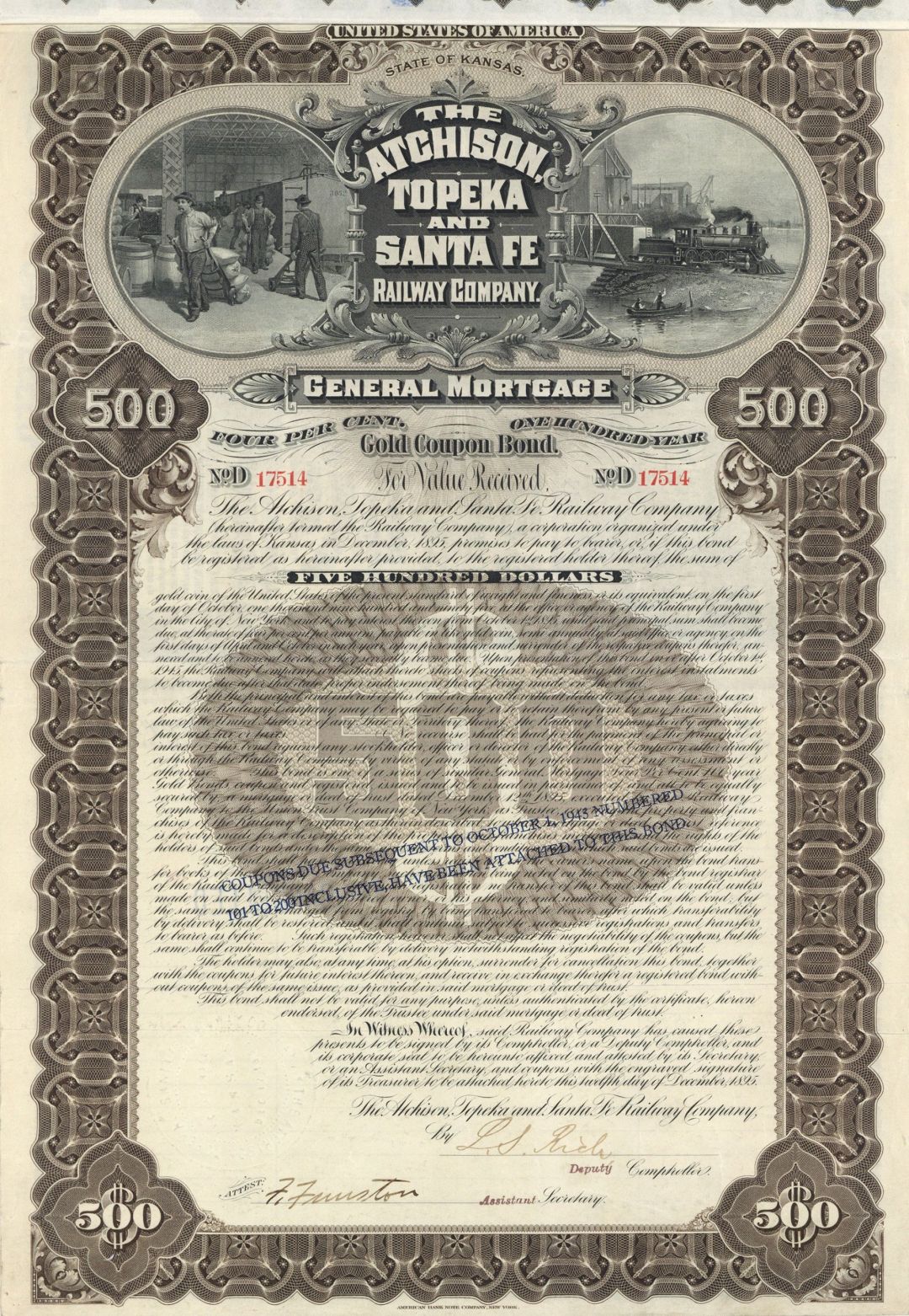Atchison, Topeka and Santa Fe Railroad Co. - $500 Railway Gold Bond - The Santa Fe
